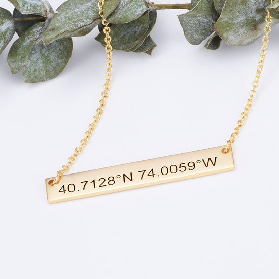 925 Sterling Silver Coordinates Engraved Bar Necklace, Custom Latitude and Longitude Necklace - onlyone