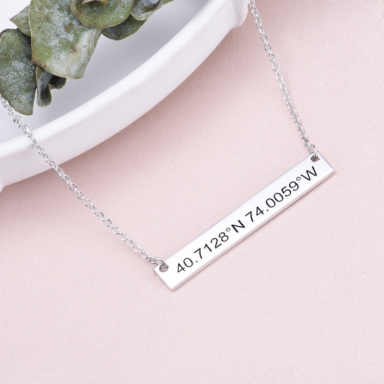 925 Sterling Silver Coordinates Engraved Bar Necklace, Custom Latitude and Longitude Necklace - onlyone