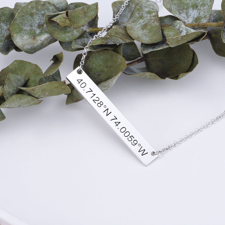 925 Sterling Silver Coordinates Engraved Bar Necklace, Custom Latitude and Longitude Necklace - onlyone