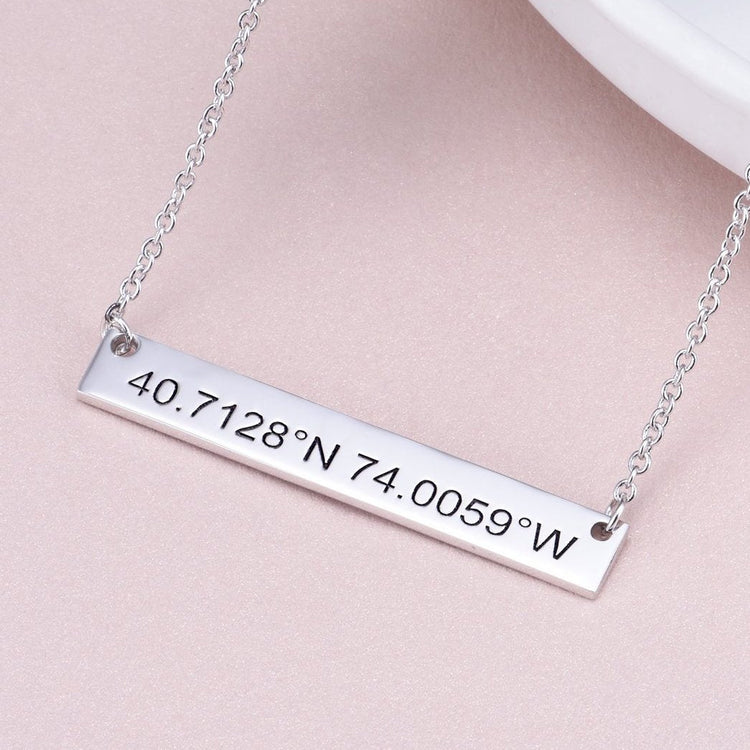 925 Sterling Silver Coordinates Engraved Bar Necklace, Custom Latitude and Longitude Necklace - onlyone