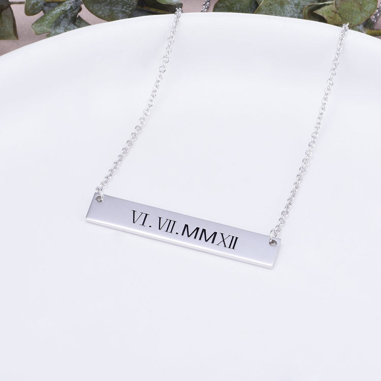 925 Sterling Silver Special Date Roman Numerals Engraved Bar Necklace - onlyone