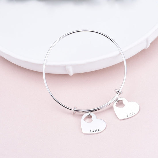 925 Sterling Silver Personalized Double Heart Name Bangle Expandable Love Bracelet - onlyone