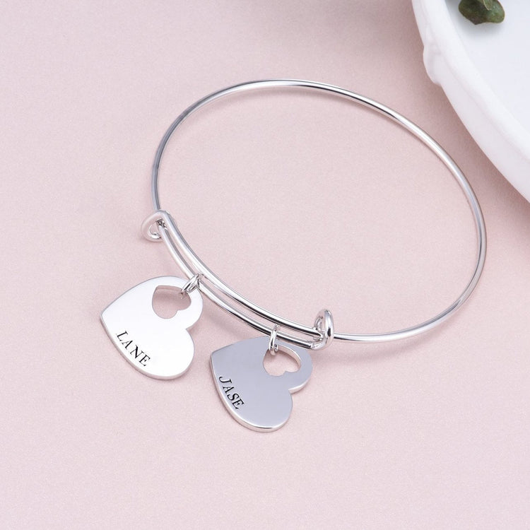 925 Sterling Silver Personalized Double Heart Name Bangle Expandable Love Bracelet - onlyone