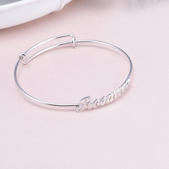 925 Sterling Silver Personalized Script Name Bangle Expandable Bracelet - onlyone