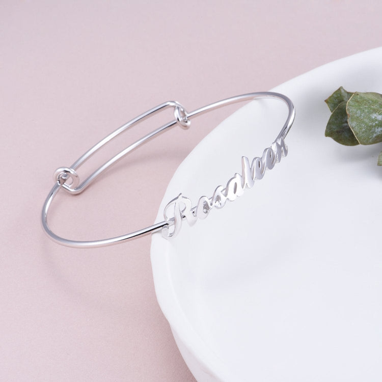 925 Sterling Silver Personalized Script Name Bangle Expandable Bracelet - onlyone