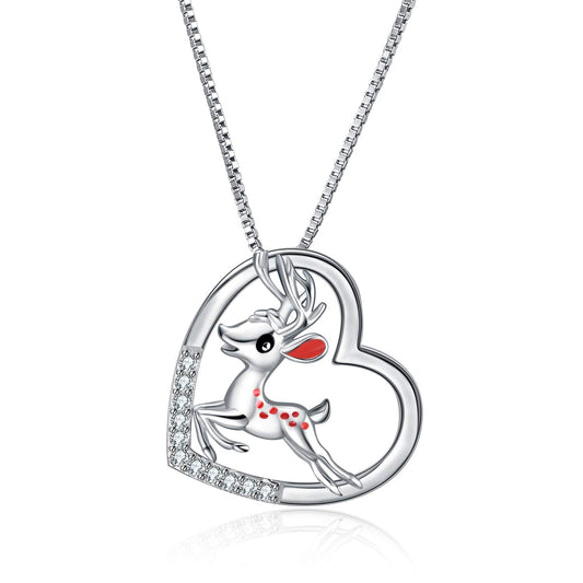 925 Sterling Silver Reindeer Heart Pendant Necklace