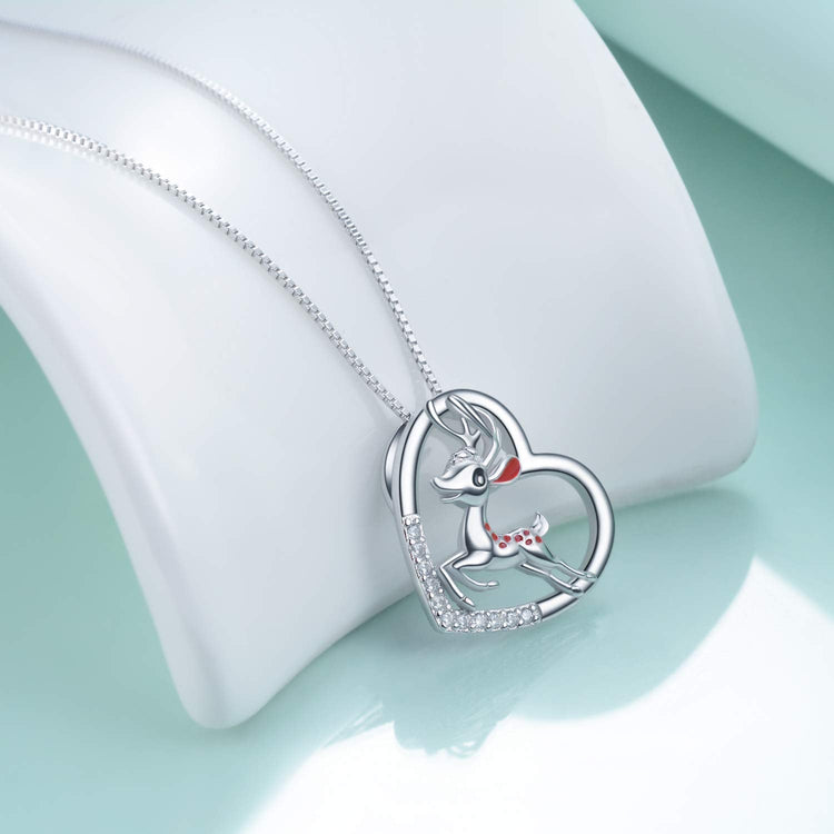 925 Sterling Silver Reindeer Heart Pendant Necklace