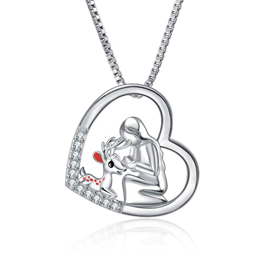 925 Sterling Silver Reindeer and Girl Heart Pendant Necklace