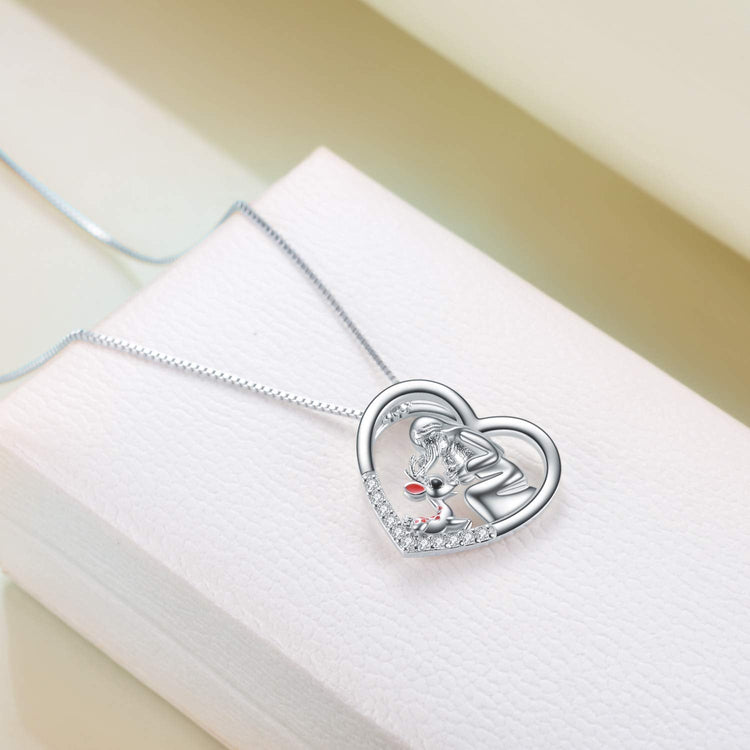 925 Sterling Silver Reindeer and Girl Heart Pendant Necklace