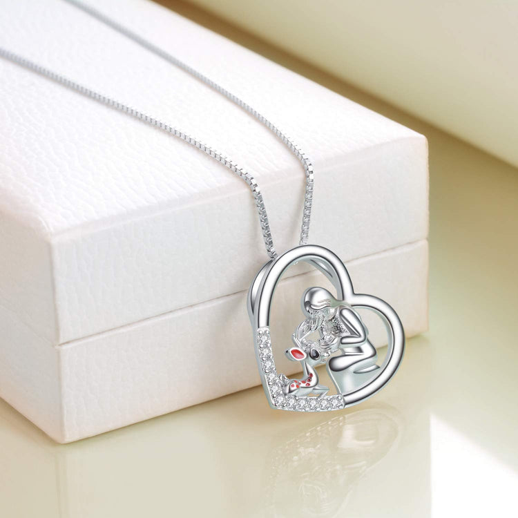 925 Sterling Silver Reindeer and Girl Heart Pendant Necklace