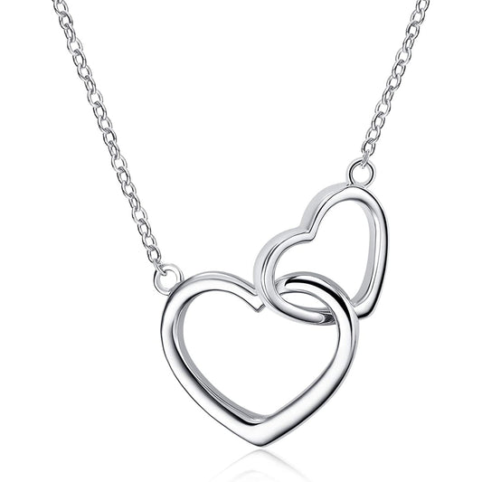 925 Sterling Silver Interlocked Double Hearts Love Entwined Necklace