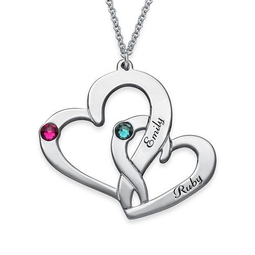 925 Sterling Silver Engraved Two Heart Name Necklace Nameplate Necklace With Birthstone - onlyone