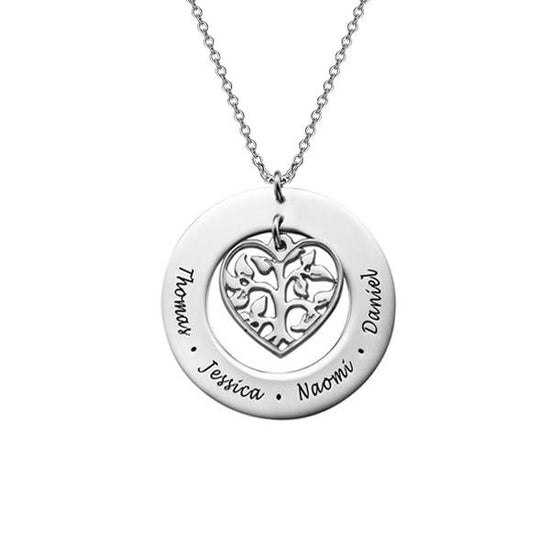 925 Sterling Silver Coin Heart Engraved Family Tree Name Necklace - onlyone