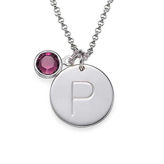 925 Sterling Silver Initial Birthstone Engraved Coin Necklace, Back To School Gift Necklace - onlyone