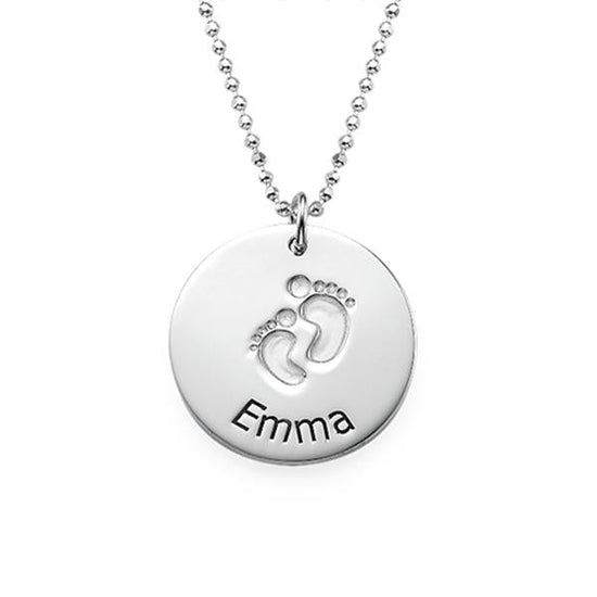 925 Sterling Silver Footprints Engraved Coin Name Necklace Nameplate Necklace - onlyone