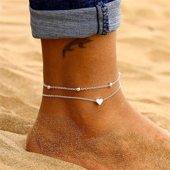 925 Sterling Silver  Double Layer Heart Anklet Set - onlyone