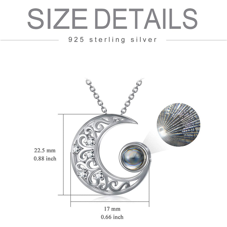 925 Sterling Silver Crescent Necklace with 100 Languages I Love You Stone Pendant for Women