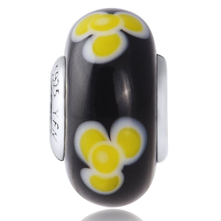 925 Sterling Silver Yellow Flower Black Glass Charm for Bracelet and Necklace