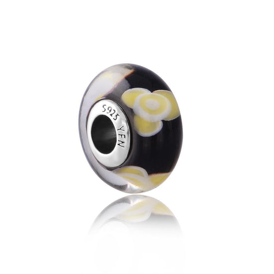 925 Sterling Silver Yellow Flower Black Glass Charm for Bracelet and Necklace - onlyone