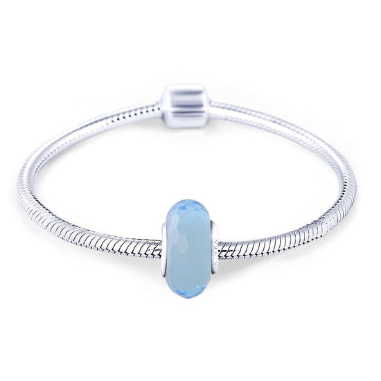 925 Sterling Silver Diamond Faced Blue Glass Charm for Bracelet and Necklace - onlyone