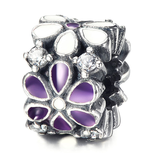 925 Sterling Silver Purple/White Flowers Rhinestones Charm For Bracelet and Necklace - onlyone