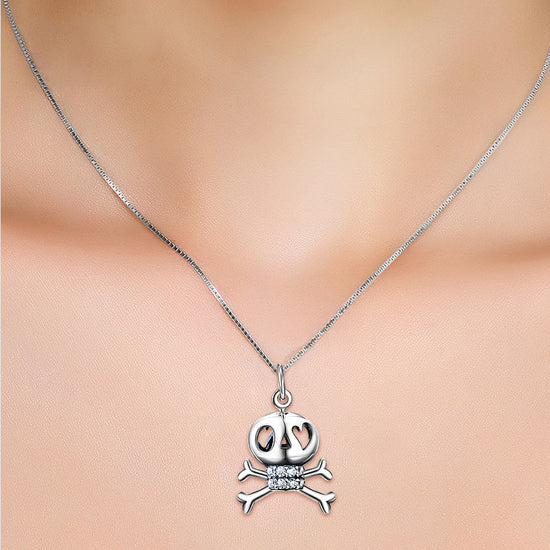 925 Sterling Silver Cute Halloween Heart Eyes Skull Necklace - onlyone