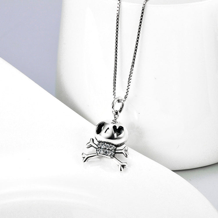 925 Sterling Silver Cute Halloween Heart Eyes Skull Necklace - onlyone