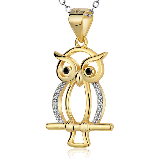 925 Sterling Silver Gold Halloween Owl On A Branch Necklace - onlyone