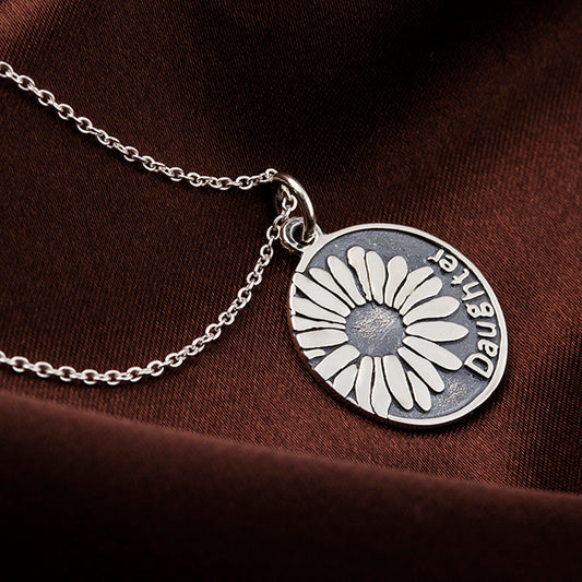 925 Sterling Silver Sunflower and Daughter Retro Round Pendant Necklace - onlyone