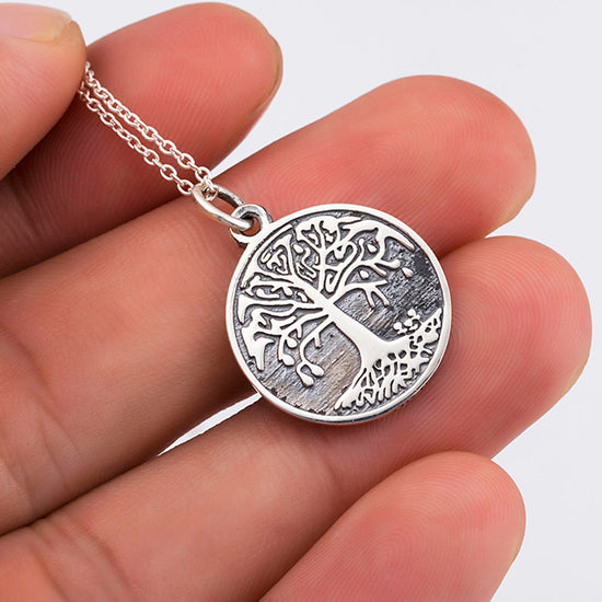 Genuine 925 Silver Retro Engraved 2 Sides the Family Tree Vintage Necklace - onlyone