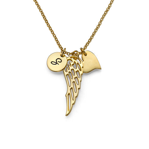 925 Sterling Silver Initial Engraved Angel Wing Necklace - onlyone