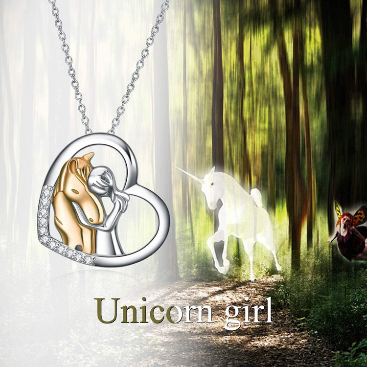 925 Sterling Silver Horse with Girl Heart Pendant Necklace for Girls, Girlfriend, Teens, Women, Daughter