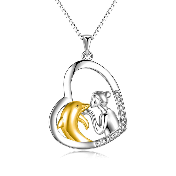 925 Sterling Silver Love Heart Dolphin With Girl Pendant Necklace