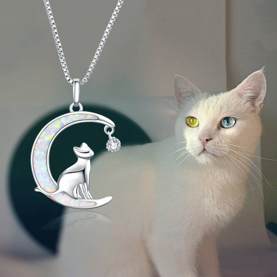 925 Sterling Silver Moon Cat Opal Fashion Necklace. Gift Necklace - onlyone