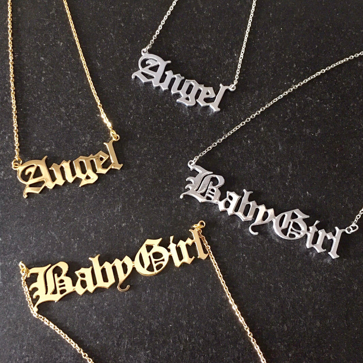 925 Sterling Silver Old English Font Name Necklace Nameplate Necklace