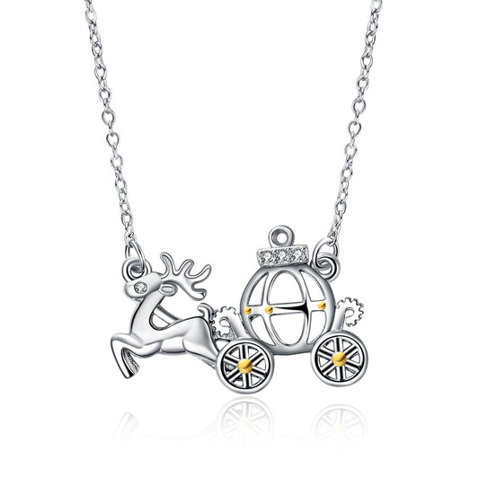 925 Sterling Silver Cinderella's Pumpkin Carriage with Deer Pendant Necklace