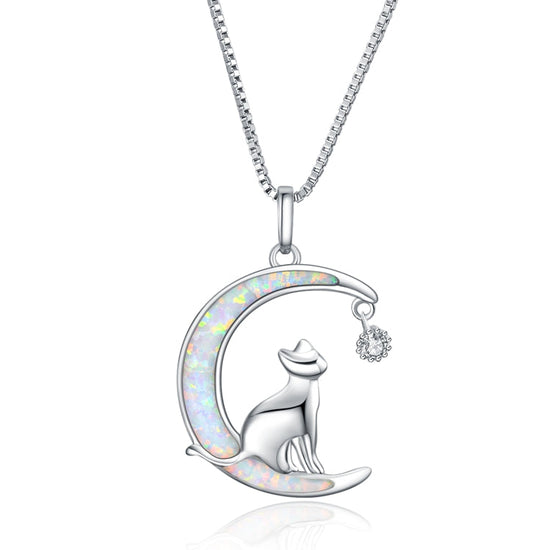 925 Sterling Silver Moon Cat Opal Fashion Necklace. Gift Necklace - onlyone