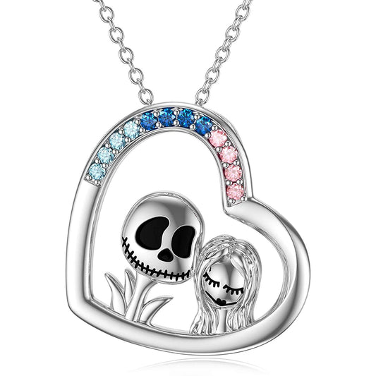 925 Sterling Silver Nightmare Before Christmas Jack Skellington and Sally Pendant Necklace