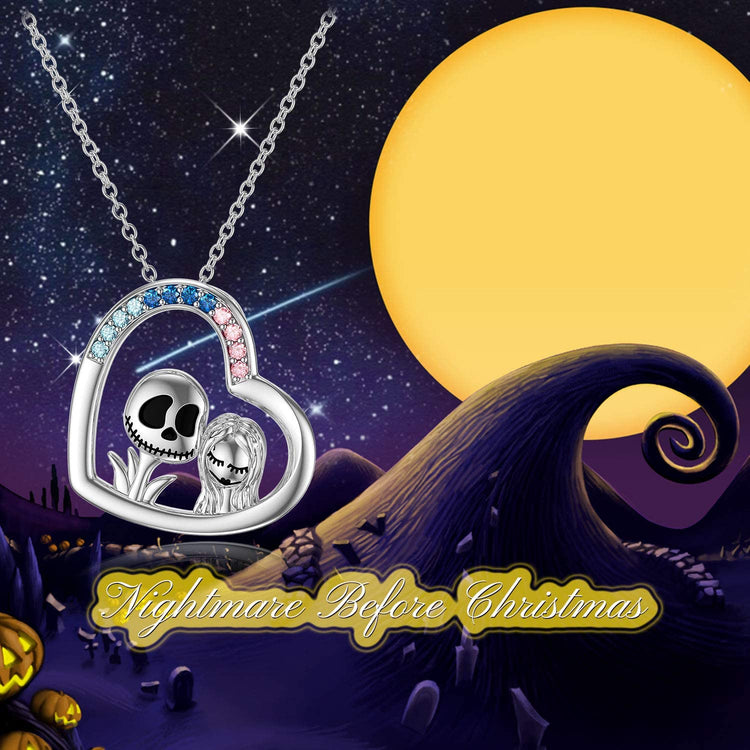 925 Sterling Silver Nightmare Before Christmas Jack Skellington and Sally Pendant Necklace