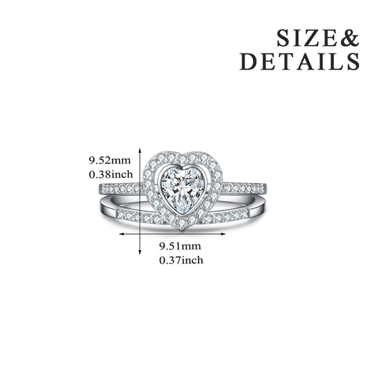 925 Sterling Silver Heart Halo Ring Cubic Zirconia Wedding Set - onlyone