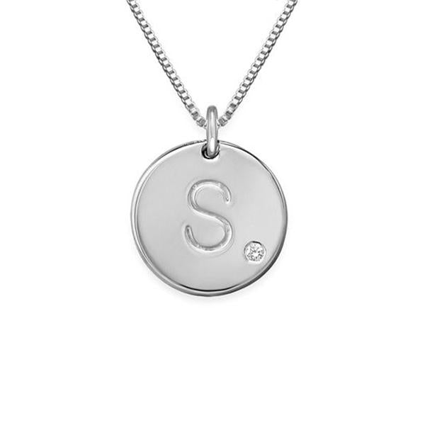 925 Sterling Silver Coin Engraved Initial Necklace With Zirconia, Back To School Gift Necklace - onlyone