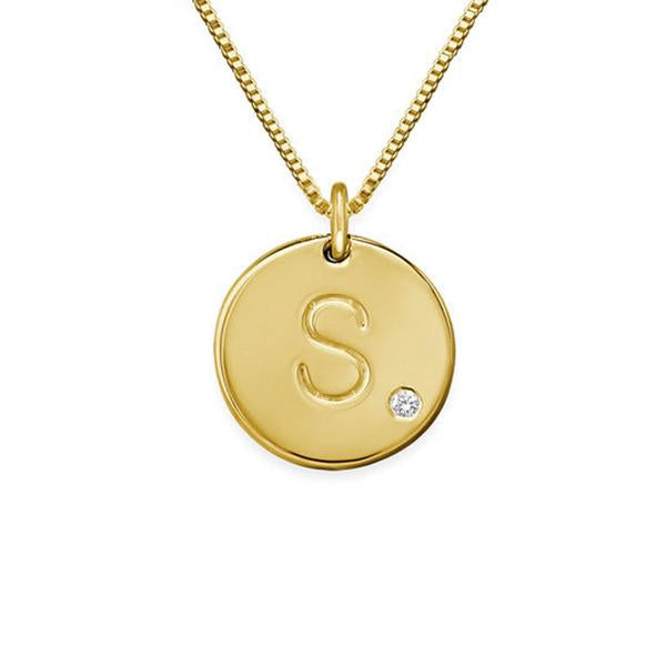 925 Sterling Silver Coin Engraved Initial Necklace With Zirconia, Back To School Gift Necklace - onlyone