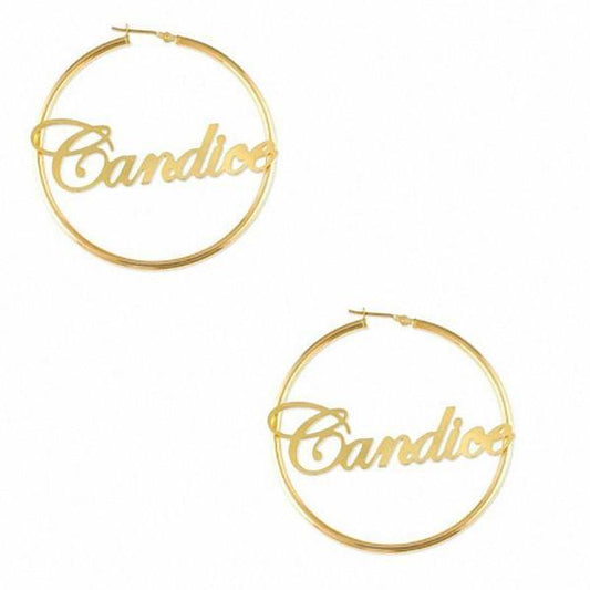 925 Sterling Silver Personalized Script Name Hoop Earrings Nameplate Earrings - onlyone