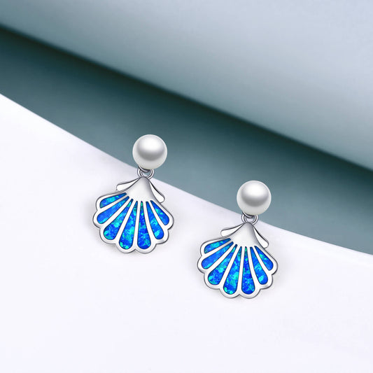 925 Sterling Silver Blue Opal Shell Earrings - onlyone