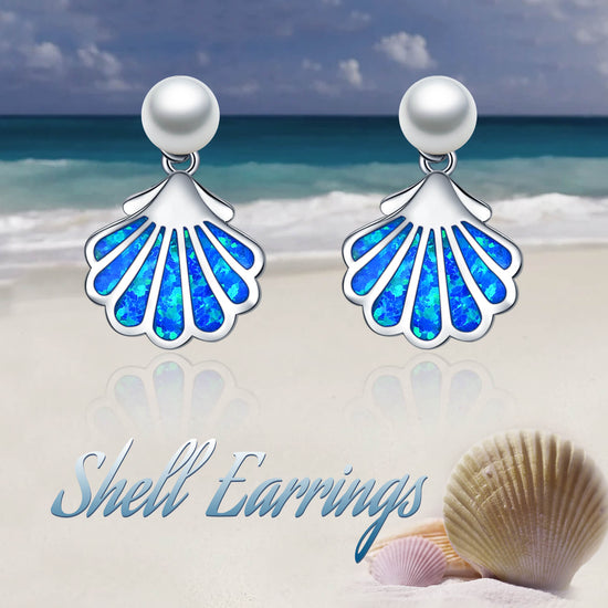 925 Sterling Silver Blue Opal Shell Earrings - onlyone