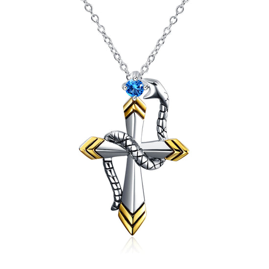 925 Sterling Silver Snake Cross Pendant Necklace - onlyone