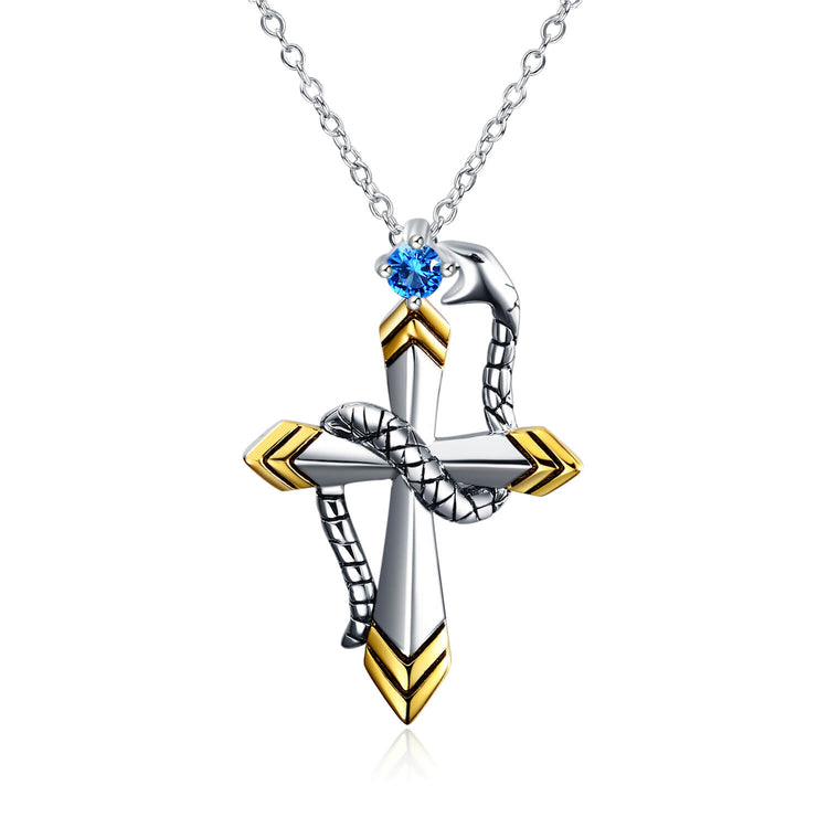 925 Sterling Silver Snake Cross Pendant Necklace - onlyone