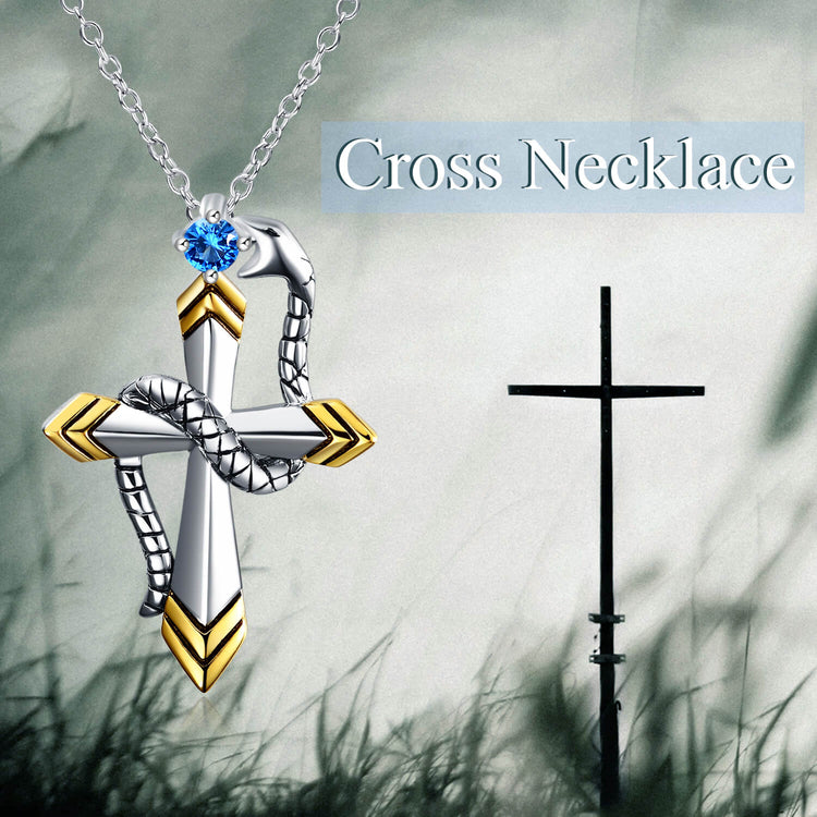 925 Sterling Silver Snake Cross Pendant Necklace - onlyone