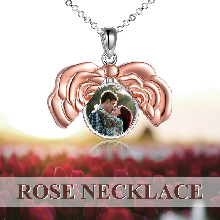 925 Sterling Silver Custom Round Photo Rose Flower Locket Necklace
