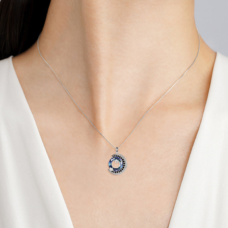 925 Sterling Silver Crescent Moon Sky Night With Crystal Necklace